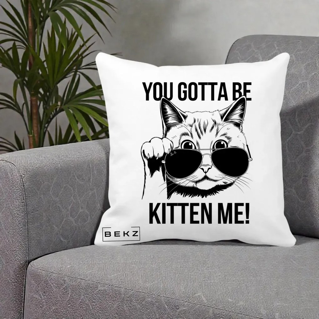Perna Decorativa You Gotta Be Kitten Me!, 40x40 cm, Alba Mata, Husa Detasabila, Perna Inclusa, BEKZ®
