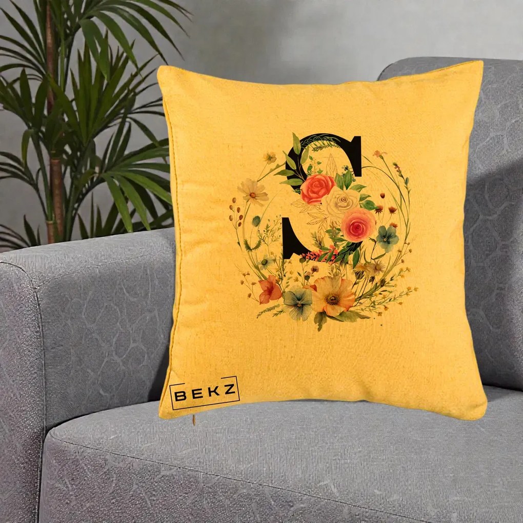 Cadou Personalizat - Perna Personalizata Monogram Litera S cu Flori Acuarela, 40x40 cm, Galben, Husa Detasabila, Perna Inclusa, BEKZ®