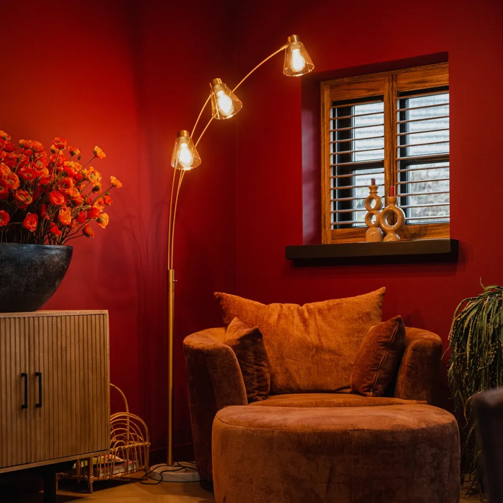 Lampă de podea arc bronz cu marmură și sticlă chihlimbar 3 lumini - Nina