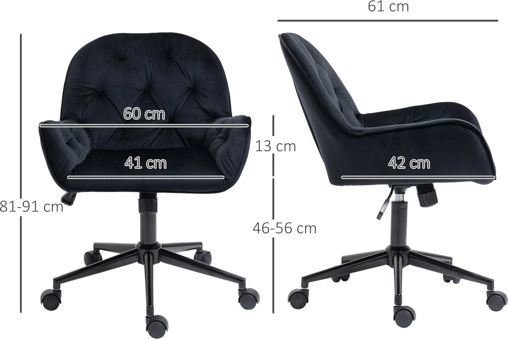 Vinsetto Fotoliu de birou, fauteuil de birou în catifea, scaun pivotant la 360°, reglabil în înălțime, 60 x 61 x 81-91 cm, negru | Aosom Romania