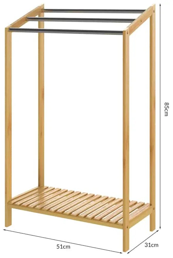 Suport pentru prosoape din bambus RUBBY cu bare metalice și raft, 51x31x85 cm, maro/argintiu Casaria
