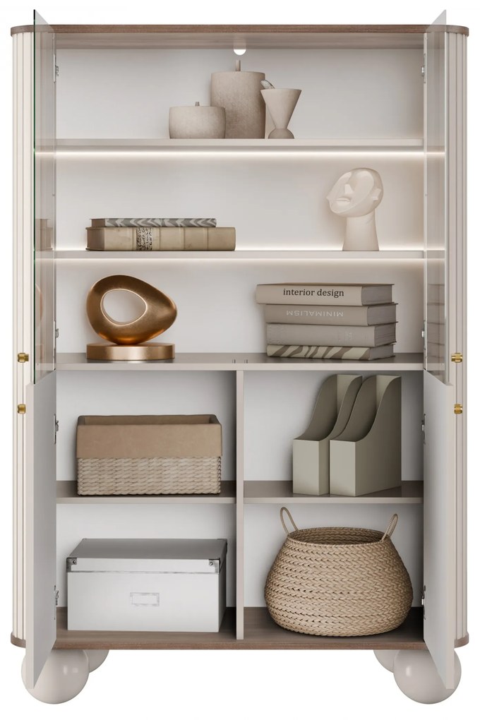 Vitrină cu patru uși Vesper 103 cm - cașmir / nuc / mânere aurii / picioare rotunde