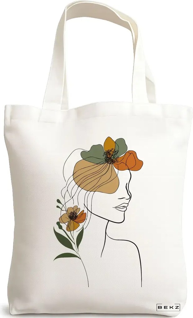 Sacosa de Panza pentru Cumparaturi, Geanta Tote, Flower Lady 11, 38x34.5 cm, Alba, BEKZ®