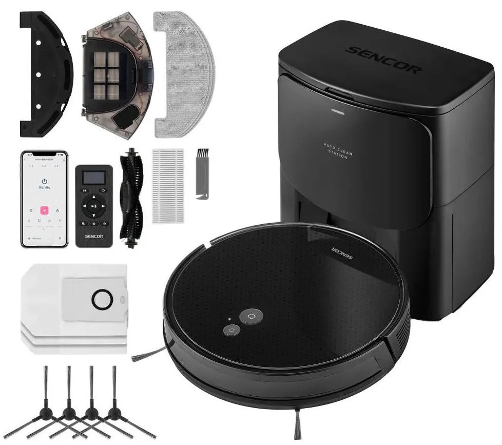 Sencor Aspirator robot 2 în 1 cu mop, 16 W, 2600 mAh, Wi‑Fi, negru, cu telecomandă inclusă