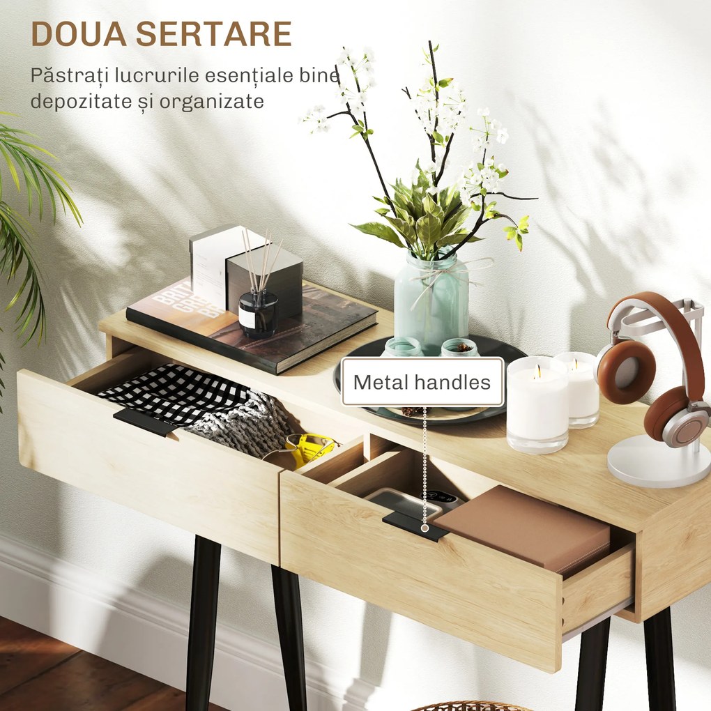 HOMCOM Consolă cu 2 Sertare, cu o finisare din lemn de stejar, Picioare are un dispozitiv anti-răsturnarel, 100x30x80,5 cm, Natural | Aosom Romania