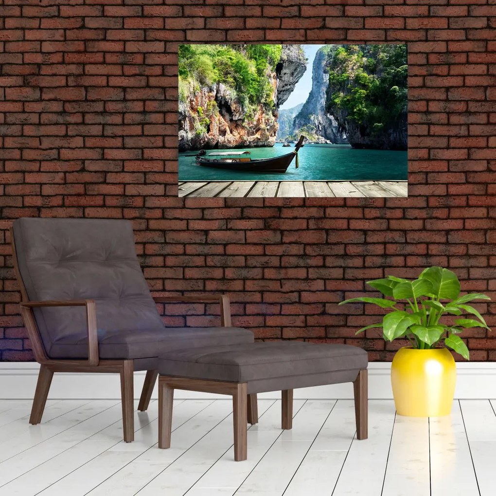 Tablou - Apă peisaj mediteranean cu barca (90x60 cm)