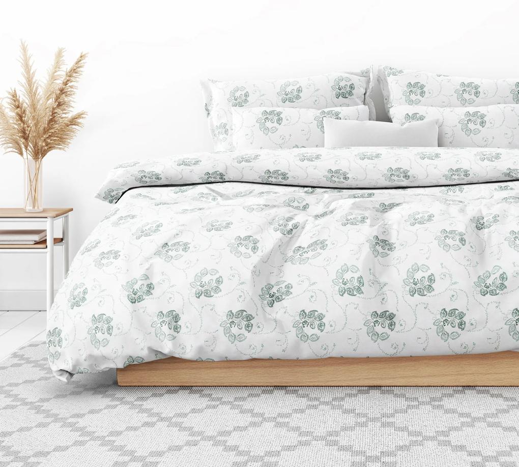 Goldea lenjerie de pat din flanel - ornamente florale verde închis pe alb 140 x 220 și 50 x 70 cm