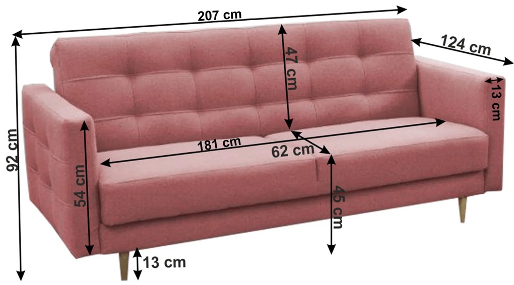 Canapea tapiţată cu 3-locuri, material textil roz învechit, AMEDIA