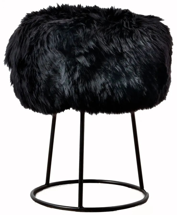 Taburet cu tapițerie din blană de oaie Native Natural, ⌀ 36 cm, negru