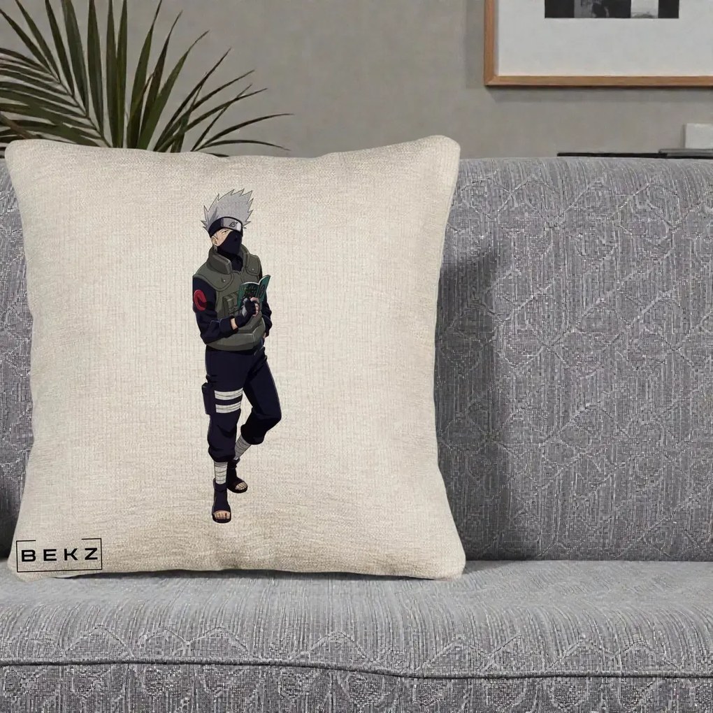 Perna Personalizata Naruto Kakashi Hatake Portret Complet, 40x40 cm, Bej Canapea, Husa Detasabila, Perna Inclusa, BEKZ®