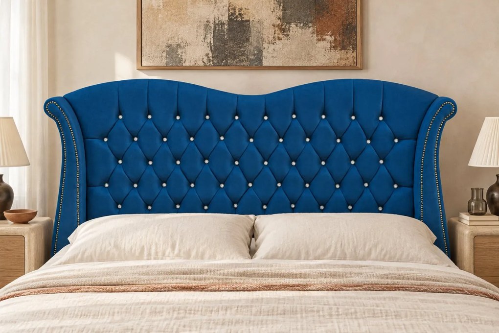 Pat tapițat Chesterfield Avella 180×200 cm, albastru, cu ladă de depozitare