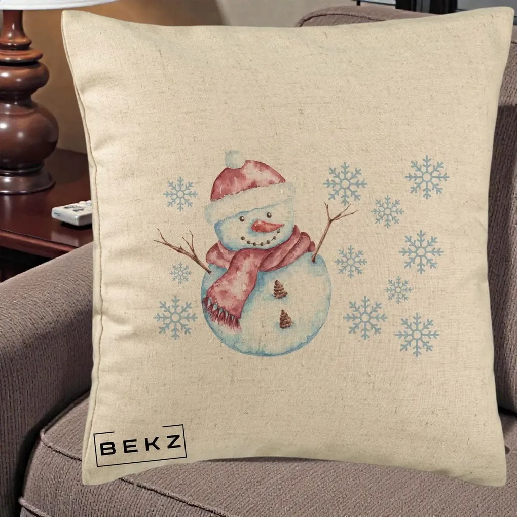 Perna Decorativa Om de Zapada Rosu cu Fulgi, 40x40 cm, Bej, Husa Detasabila, Perna Inclusa, BEKZ®