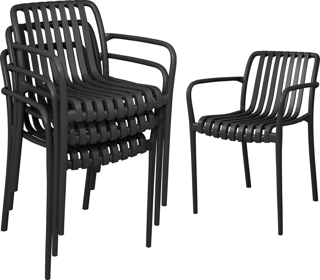 Set 4 Scaune de Grădină Outsunny Stivuibile din PP Rezistent la Razele UV, Scaune de Luat Masa pentru Exterior cu Spătar Ergonomic cu Lamele și Brațe, pentru Terasă, Balcon, Grădină, 55x58,5x81,5 cm, Negru | Aosom Romania