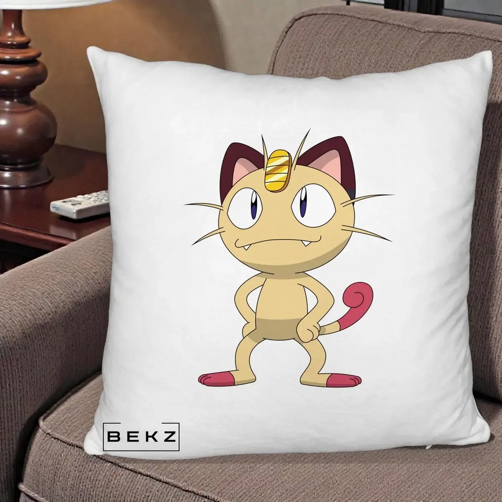 Perna Personalizata Meowth Pokemon, 40x40 cm, Alb Pufos, Husa Detasabila, Perna Inclusa, BEKZ®