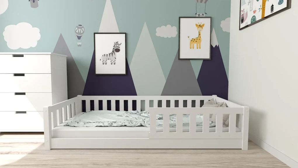 Pat Montessori pentru copii PINELO 90 x 200 cm, alb Saltele: Cu saltele Somnia 18 cm, Somiera pat: Fara somiera
