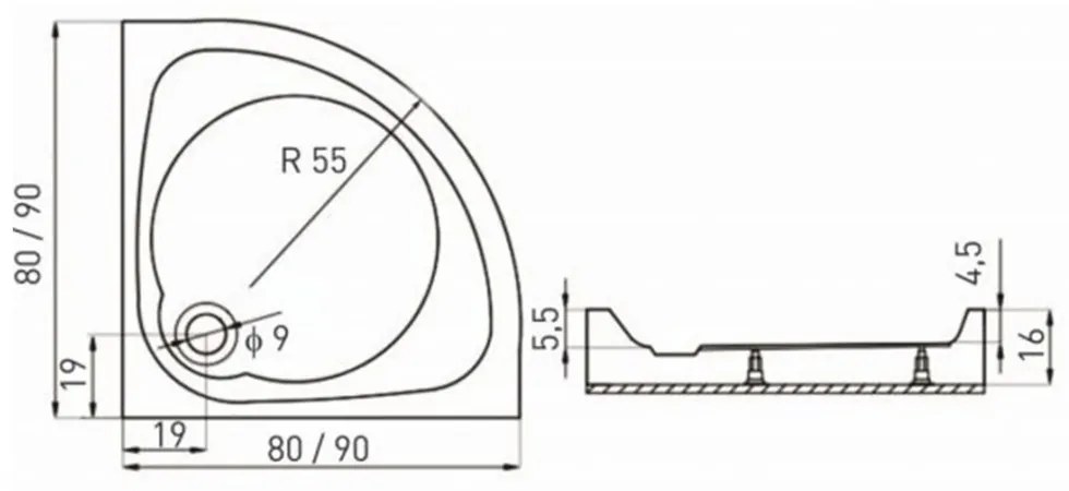 Cabină de duș curbată Splash cu cădiță 89x89x206cm - profil cromat, sticlă transparentă