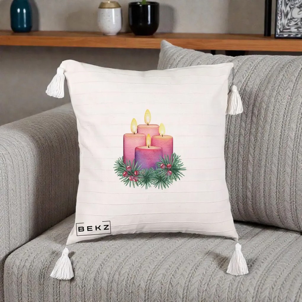 Perna Decorativa Lumanari Advent Roz-Violet, 40x40 cm, Bej cu Franjuri, Husa Detasabila, Perna Inclusa, BEKZ®