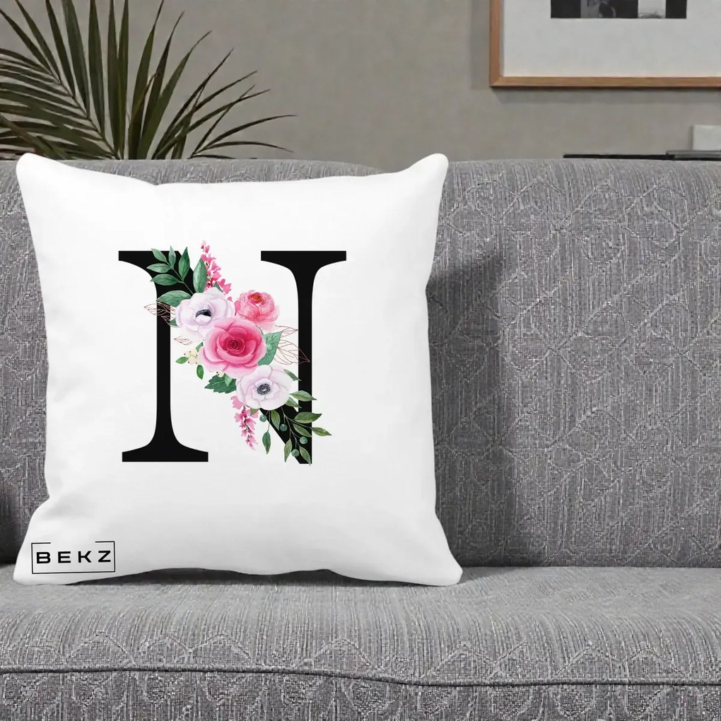 Cadou Personalizat - Perna Personalizata Monograma Florala Litera N, 40x40 cm, Alba Mata, Husa Detasabila, Perna Inclusa, BEKZ®