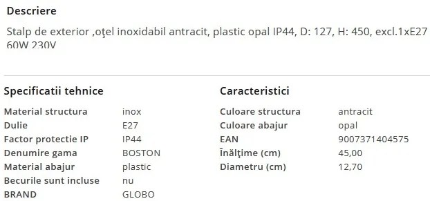 Stalp pentru exterior design modern, IP44 BOSTON antracit
