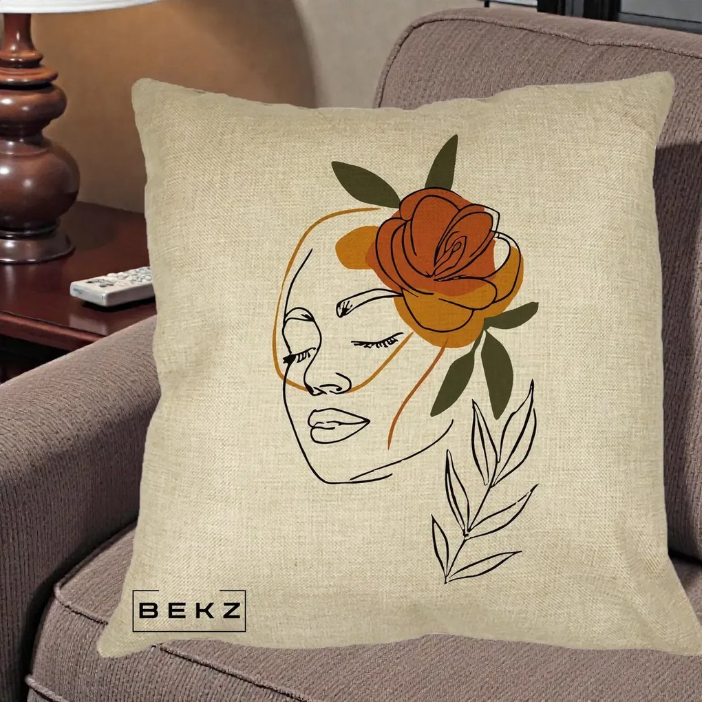Perna Decorativa Portret Feminin Trandafir Ruginiu, 40x40 cm, Crem, Husa Detasabila, Perna Inclusa, BEKZ®