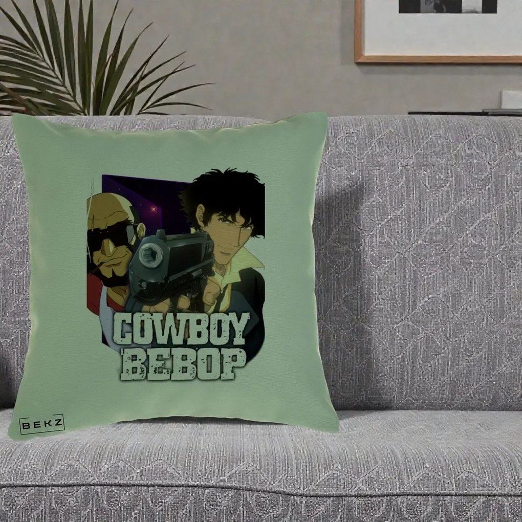 Perna Personalizata Cowboy Bebop Spike si Jet Poster, 40x40 cm, Verde, Husa Detasabila, Perna Inclusa, BEKZ®
