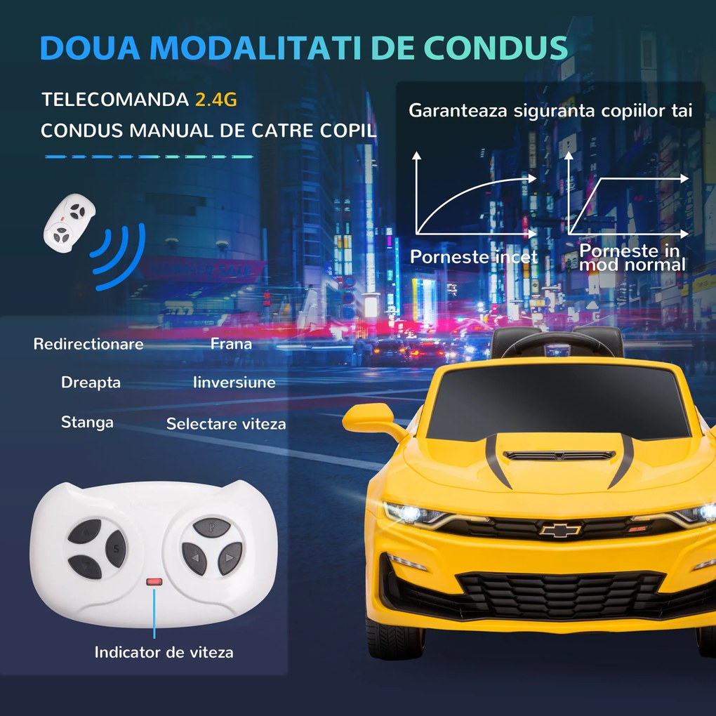 HOMCOM Mașinuță Electrică cu Baterii, Mașină Electrica pentru Copii cu Motor Dublu și Telecomandă,  117x70,5x47,5 cm, Galben | Aosom Romania