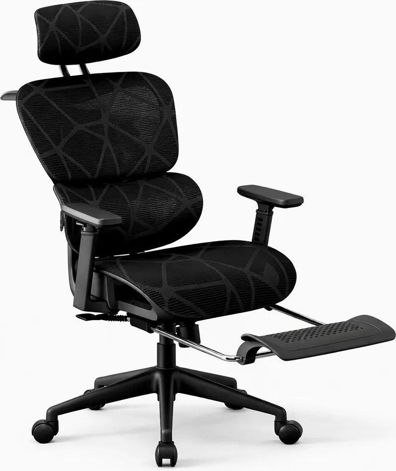 Scaun ergonomic, functie translatie sezut, cotiere reglabile 3D, tetiera 3D, suport lombar reglabil, spătar reglabil inaltime, pivotant, suport picioare, Negru