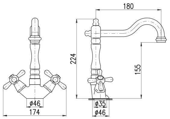 Baterie pentru lavoar RAV Slezák MK121.0/8SM + ventil de scurgere MORAVA RETRO, alamă antichizată