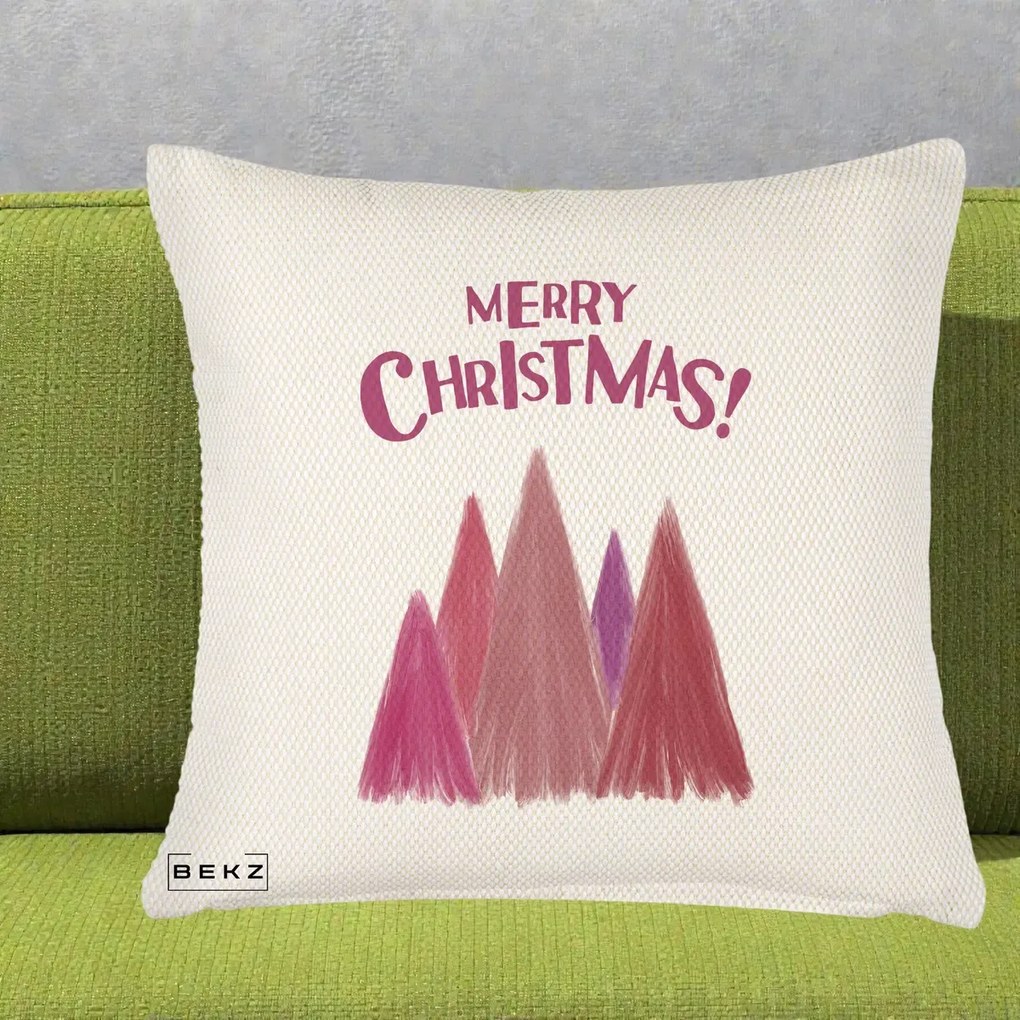 Perna Decorativa Merry Christmas Brazi Roz, 40x40 cm, Crem Reliefat, Husa Detasabila, Perna Inclusa, BEKZ®