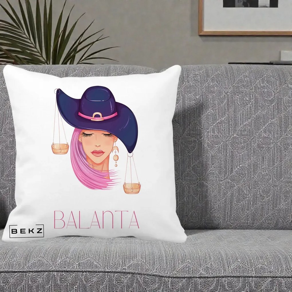 Perna Personalizata Zodiac Balanta Cowgirl, 40x40 cm, Alba Mata, Husa Detasabila, Perna Inclusa, BEKZ®