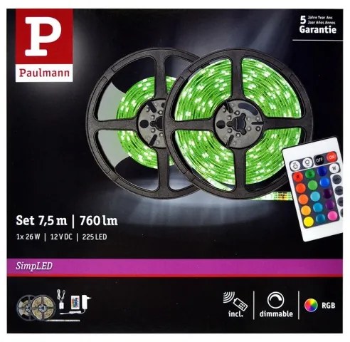 Bandă dimabilă LED RGB/26W Paulmann 78979 SIMPLED 7,5m 230V + telecomandă