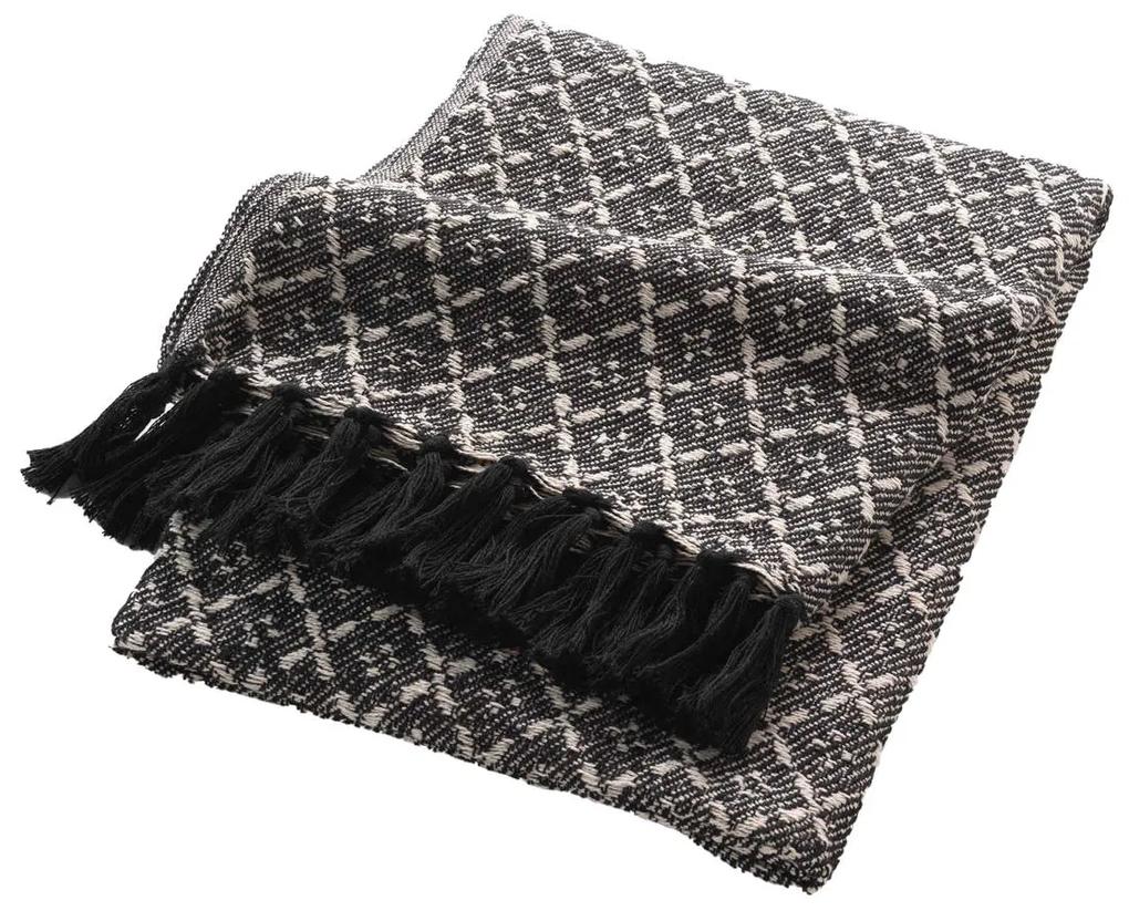 Cuvertura de pat cu ciucuri JANNA, alb si negru, bumbac, 125 x 150 cm