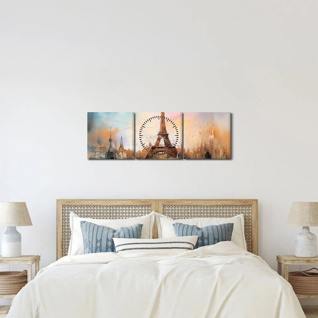 Tablou - Pictură a Turnului Eiffel (cu ceas) (90x30 cm)