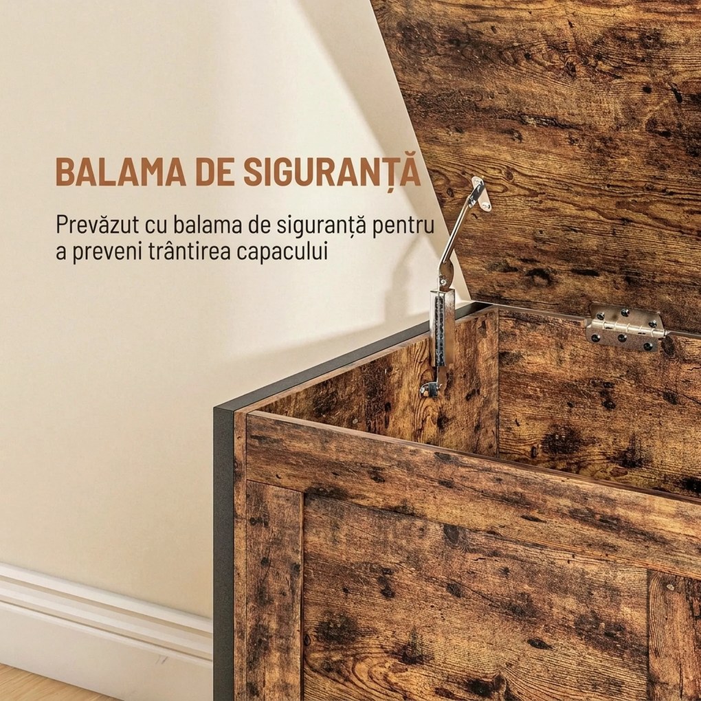 HOMCOM Bancă de Depozitare de 95L în Stil Industrial cu Capac cu Balamale de Siguranță, 80x40x49 cm, Maro Rustic | Aosom Romania