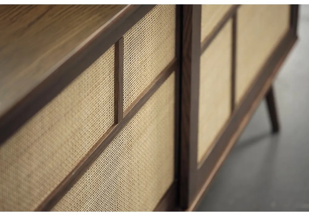 Comodă maro închis joasă cu aspect de lemn de stejar cu ușă glisantă 180x80 cm Barrali – Unique Furniture