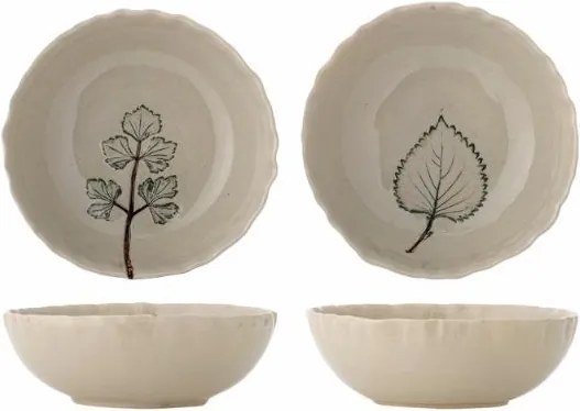 Set 2 boluri din ceramică artizanală natur cu finisaj antichizat și motive botanice cu frunze, 15,5×5 cm, "Aubrin"
