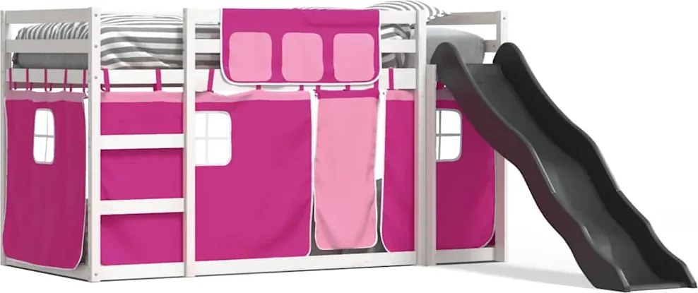 vidaXL Pat supraetajat cu tobogan și perdele, roz, 90x190 cm