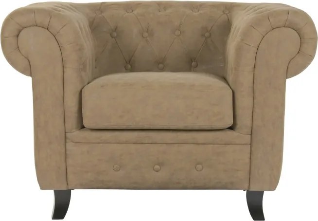 Fotoliu Chesterfield maro din piele ecologică, structură din lemn, stil clasic vintage, 110 x 81 x 76 cm, „Winston”