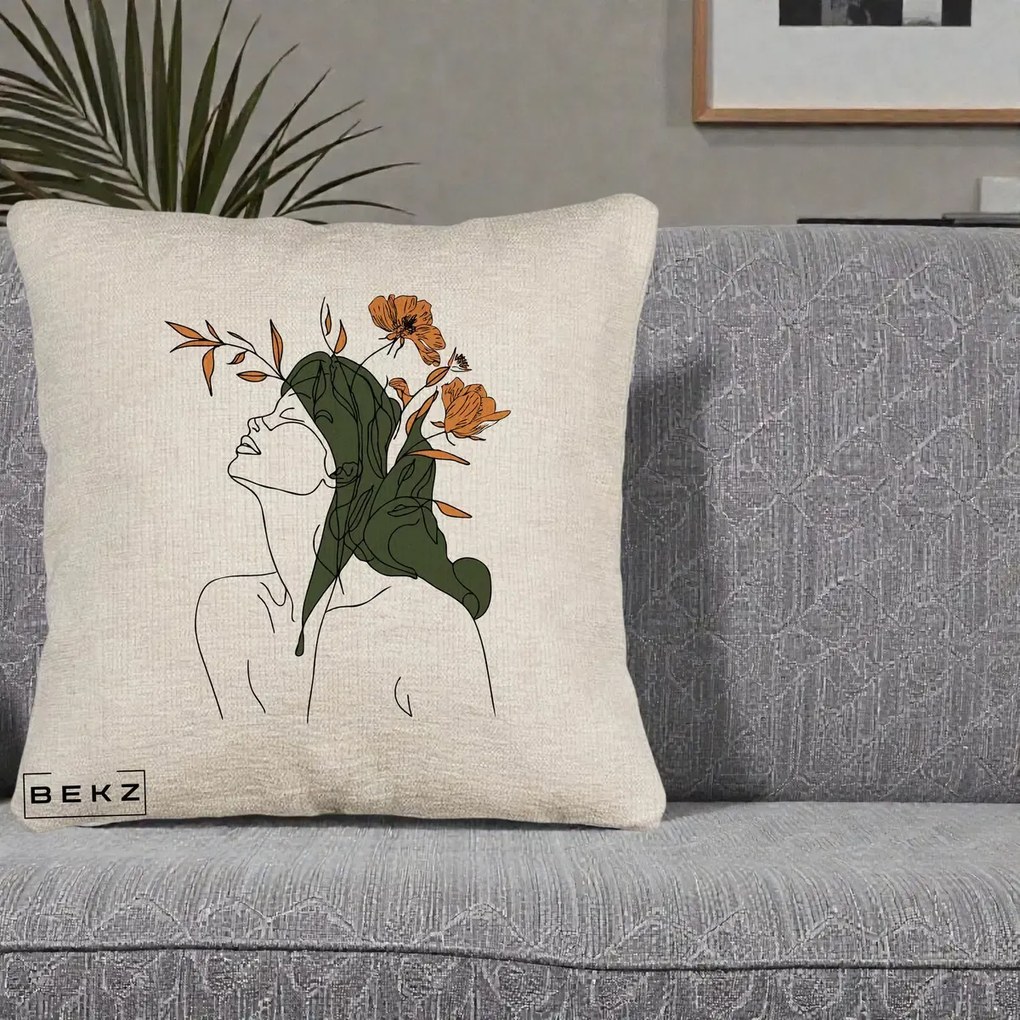 Perna Decorativa Portret Feminin Profil Flori Portocalii, 40x40 cm, Bej Canapea, Husa Detasabila, Perna Inclusa, BEKZ®