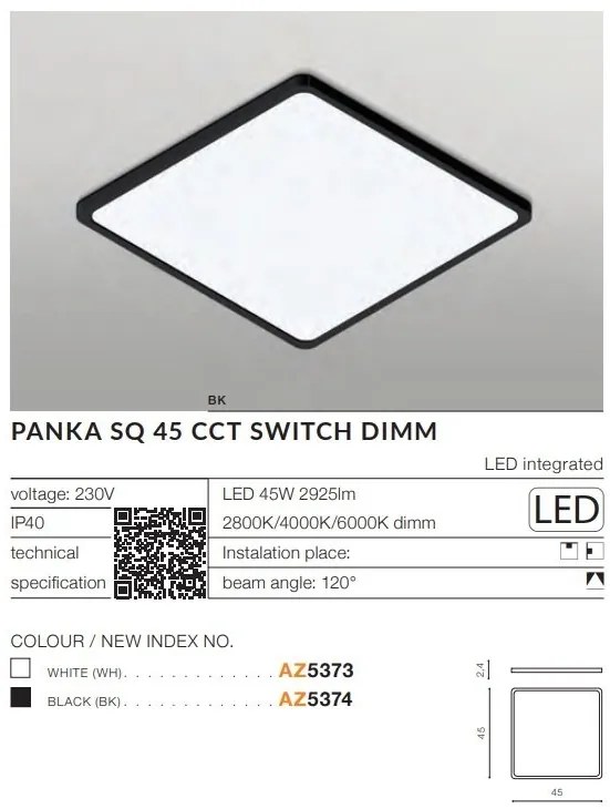 Plafoniera slim LED dimabil, protectie IP40 PANKA SQ 45 CCT alb