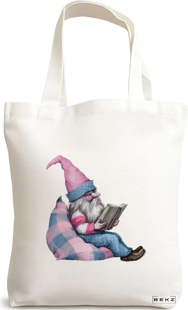Sacosa de Panza pentru Cumparaturi, Geanta Tote, model The Bookish Gnome 9 38 x 34.5 cm, Alba, BEKZ®