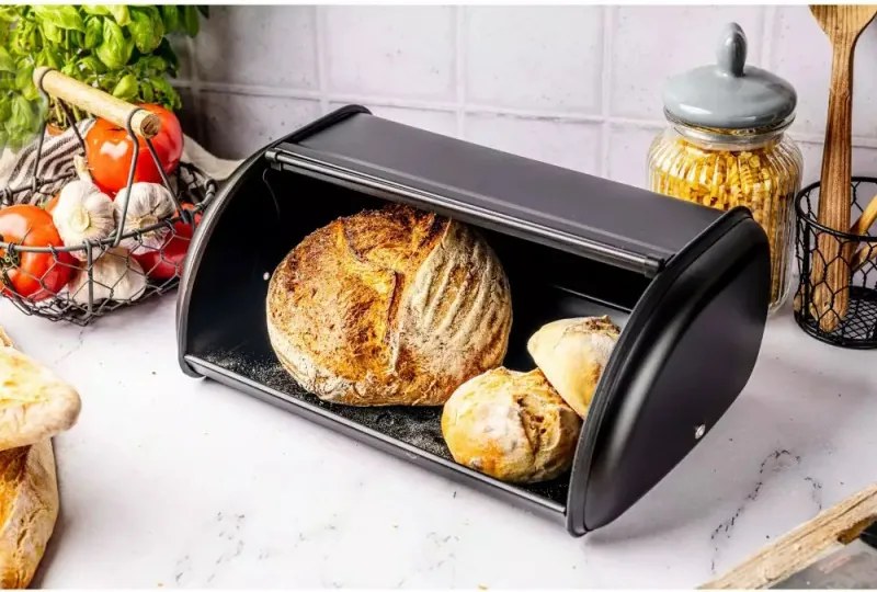 La mâna a doua: Cutie pentru paine Kinghoff KH 1723, 36 cm, Stabila si durabila, Inox, Negru