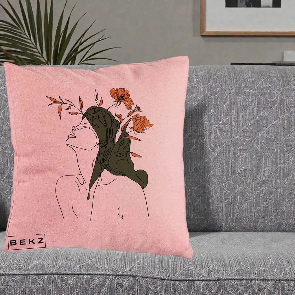Perna Decorativa Portret Feminin Profil Flori Portocalii, 40x40 cm, Roz, Husa Detasabila, Perna Inclusa, BEKZ®