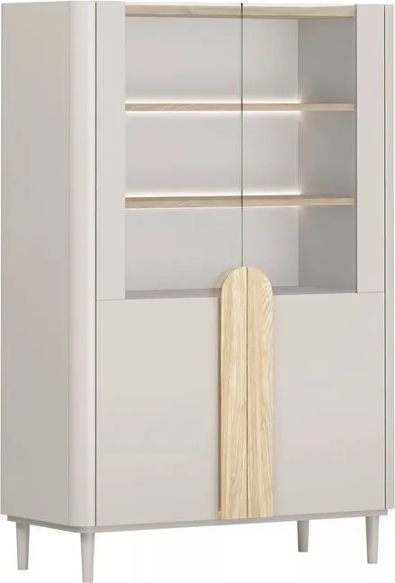 Vitrină cu picioare Amilio 100 cm, două uși - cașmir / stejar uleiat / mânere stejar deschis