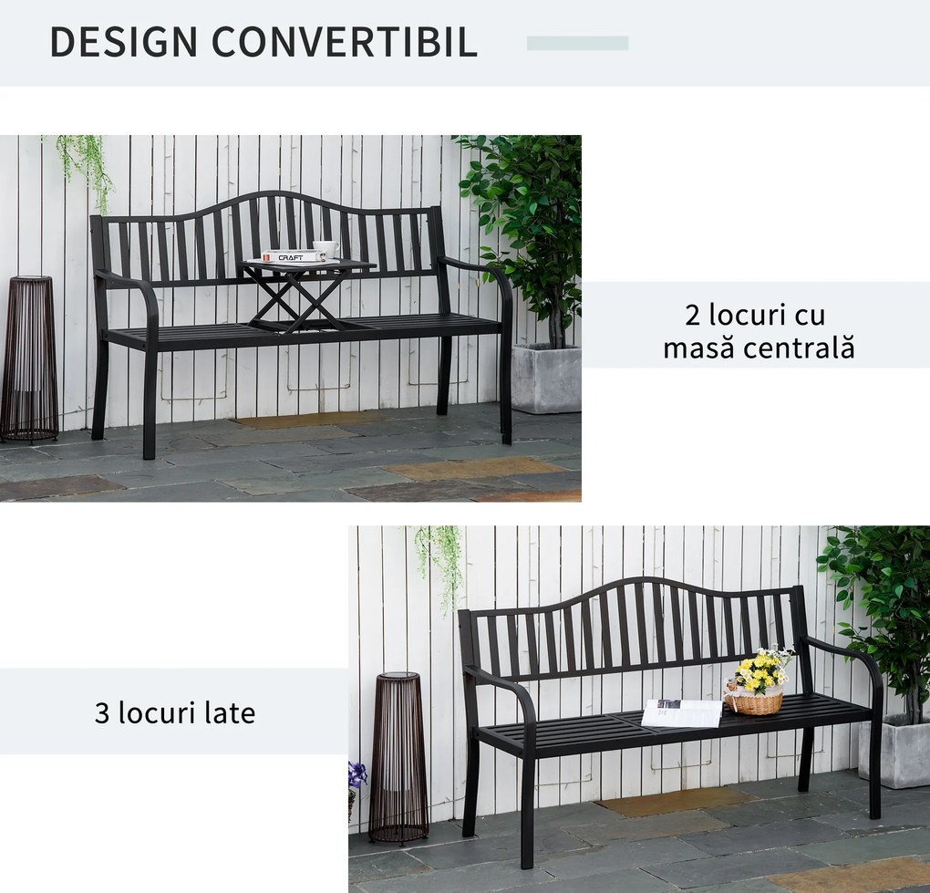 Bancă de Grădină Outsunny din Metal cu Măsuță Centrală Retractabilă, Bancă Loveseat pentru Terasă cu Șezut și Spătar cu Șipci, pentru 2–3 Persoane, Neagră | Aosom Romania