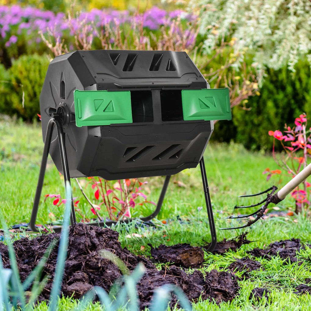 Outsunny Compostor Rotativ cu 2 Secțiuni și 8 Prize de Aerisire din Oțel și PP, 160L, 71x65x96 cm, Gri | Aosom Romania