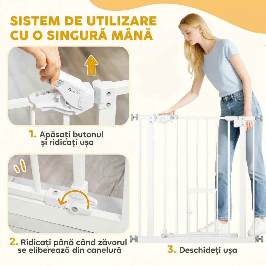 PawHut Poartă Reglabilă pentru Câini cu Ușă și Montare prin Presiune, Barieră cu Închidere Automată, 74-80x76.2 cm, Alb | Aosom Romania