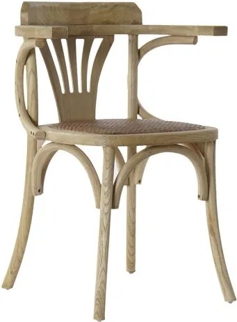 Scaun dining cu brațe din lemn de ulm, natur, spătar sculptat în evantai și șezut din ratan împletit, finisaj natural, 78 x 57 x 46 cm, „Sophie”
