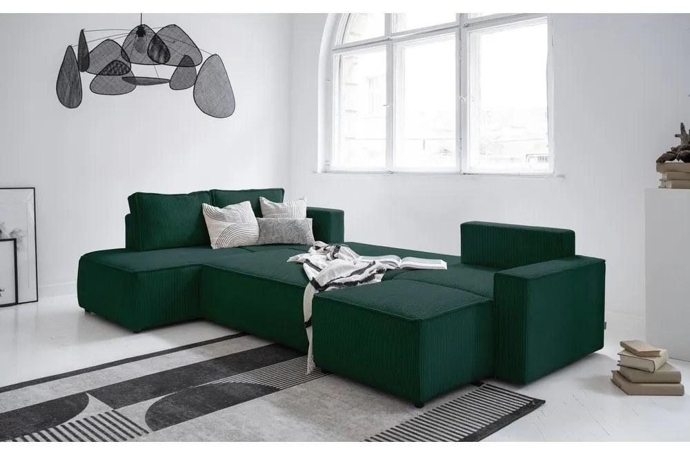 Colțar verde închis extensibil cu tapițerie din catifea reiată (cu colț pe partea stângă /în formă de "U") Brave Dave – Miuform