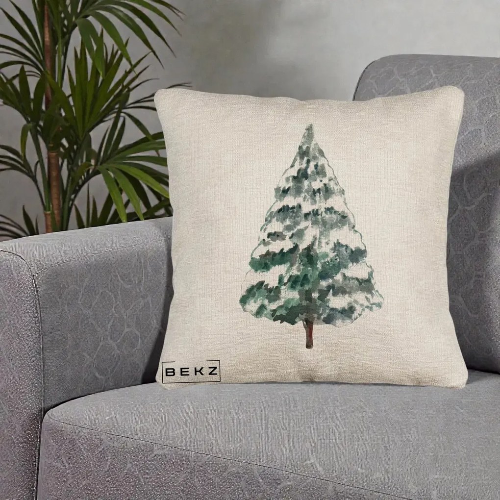 Perna Decorativa Canapea cu tematica de Craciun, Brad 2, 40x40 cm, Bej Canapea, Husa Detasabila, Perna Inclusa, BEKZ®